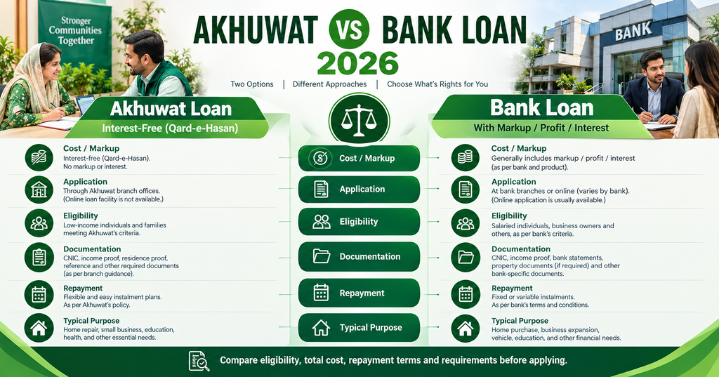 Akhuwat vs Bank Loan 2026 comparison of interest-free microfinance and conventional bank loan features in Pakistan.